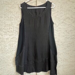 Cut Loose Linen Dress Cotton Side Panels Sz S Made in USA Raw Edge Tiered